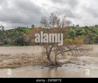 15. Januar 2023, Los Angeles, CA, USA: Der Abschnitt der Glendale Narrows am LA River kurz vor einem Regensturm in Los Angeles, CA. Stockfoto