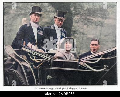 George VI. Und Elizabeth, später die Königinmutter, an ihrem Hochzeitstag 1923, als sie Herzog und Herzogin von York waren: Eine Kutschfahrt mit königlichen Kutschern. Stockfoto