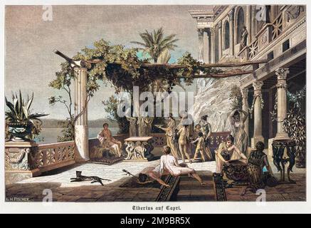 Der Kaiser Tiberius im Ruhestand, auf der Terrasse seiner Villa auf Capri. Stockfoto