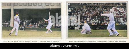 Zwei Bilder zeigen französische Paare, die 1925 in Wimbledon Doppel spielten. Auf der linken Seite befindet sich ein artorielles Duo: Suzanne Lenglen in ihrem Bandeau streckt sich nach einem Hit, während ihr Partner Jean Borotra, der „Bounding Basque“, einen Pullover und seine Baskenmütze trägt. Borotra ist wieder in Aktion, auf dem Bild der rechten Hand, und hockt, während sein Partner Rene Lacoste den Ball bedient. Stockfoto