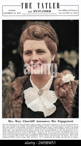 Miss Mary Churchill (B. 1922), Mr. Winston Churchills jüngste Tochter, verkündete ihre Verlobung an dem Tag, an dem dieses Foto von ihr gemacht wurde, als sie an der Hochzeit von Lord Burhams Tochter, der ehrwürdigen Lucia Lawson, und Lord Wooltons Sohn, der ehrwürdigen Roger Marquis, in Beaconsfield teilnahm. Ihr Verlobter ist Lord Soames, Sohn von Captain Granville Soames. Stockfoto