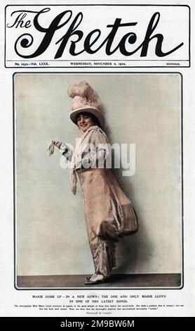 Marie Lloyd, geboren Matilda Alice Victoria Wood (1870 - 1922), britische Musiksängerin, Entertainerin und Comedienne. Eine Superstar-Weltmeisterin zu ihrer Zeit, die das höchste Gehalt eines Entertainers bestritt. Abbildung auf der Titelseite des Magazins Sketch im November 1912. Stockfoto