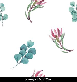 Wasserfarbenes, nahtloses Muster mit magentafarbenem protea, blühenden Blüten im Hintergrund und proteablättern. Stockfoto