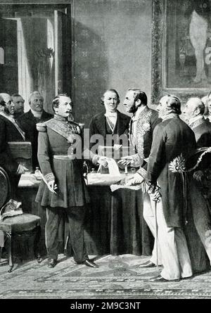 Napoleon III. Übergabe des Dekrets über die Annexion der Vororte von Paris an Baron Haussmann, für die Stadtentwicklung (16. Februar 1859). Weitere Teilnehmer sind J-B Dumas, Chemiker und Präsident des gemeinderats, General Fleury und General Rolin. (1 von 2) Stockfoto