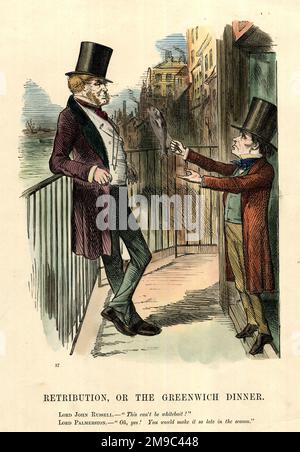 Cartoon, Retribution oder Greenwich Dinner mit Lord Palmerston, dem liberalen Premierminister (L) und Lord John Russell, dem liberalen Außenminister (R). Das traditionelle Whitebait-Dinner auf Ministerebene in der Trafalgar Tavern in Greenwich fand Ende August 1860 aufgrund eines verlängerten Parlaments statt. Daher sieht der Fisch für einen Weißbauch zu groß aus. Stockfoto