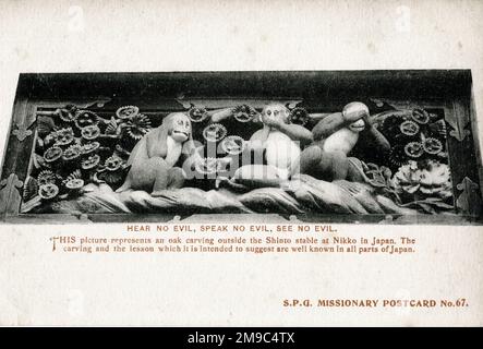 „Hör No Evil“, „Speak No Evil“, „See No Evil“ (drei Weise Affen), „Eiche schnitzt“ vor einem Shinto-Stall, Nikko, Japan – Society for the Propagation of the Espel in Foreign Parts Stockfoto