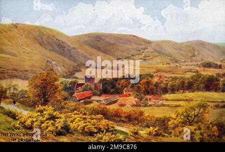 Devil's Dyke und das kleine Dorf Poynings, nr. Brighton, West Sussex. Devil's Dyke ist ein 100 Meter tiefes, V-förmiges, trockenes Tal an den South Downs in Sussex in Südengland, 5 Meilen nordwestlich von Brighton. Es wird vom National Trust verwaltet und ist auch Teil des Beeding Hill to Newtimber Hill Site of Special Scientific Interest. Stockfoto