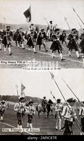 Das Gewebefeld aus Gold mit Heinrich VIII. Von England und König Francois I. von Frankreich, nachgebildet auf der Aldershot Military Tattoo, einem jährlichen Ereignis aus dem Jahr 1894. In den 1920er und 1930er Jahren präsentierte das Aldershot Command Searchlight Tattoo in der Rushmoor Arena Ausstellungen aus allen Bereichen der Dienste, einschließlich Aufführungen mit Flammenfackeln. Zu einer Zeit zogen die Vorstellungen Menschenmassen von bis zu 500.000 Personen an. Stockfoto