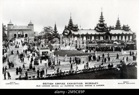 The British Empire Exhibition, eine Kolonialausstellung im Wembley Park, London, England vom 23. April bis 1. November 1924 und vom 9. Mai bis 31. Oktober 1925. Alte London Bridge und Burmese Palast, Schrein und Garten. Stockfoto