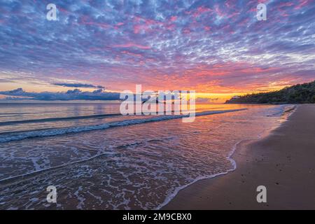 Malerischer Blick auf den rosa Himmel bei einem spektakulären Sonnenaufgang über dem beliebten Ellis Beach, Cairns Northern Beaches, Far North Queensland, FNQ, Australien Stockfoto