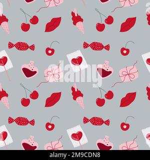 Valentines Nahtloses Muster mit Lippen, Süßigkeiten, Kirsche, Umschlag, Eis, Und Parfüm. Vektorgrafik im Kritzelstil Stock Vektor