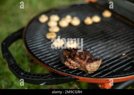 Fleisch beim Picknick. Kochen im Freien. Barbeccu im Sommer. Stockfoto