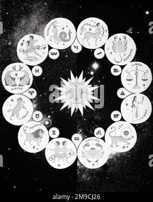 1960S ZEICHEN DES ZODIAC RUND UM DIE SONNE AUF STERNENHINTERGRUND - S18575 HAR001 HARS ARIES CAPRICORN KONZEPTE KONSTELLATIONEN LIBRA PISCES SAGITTARIUS SCORPIO LÖSUNGEN TAURUS VIRGO ZODIAC 12 SCHWARZ-WEISS HAR001 ALTMODISCHE DARSTELLUNG 12 Stockfoto