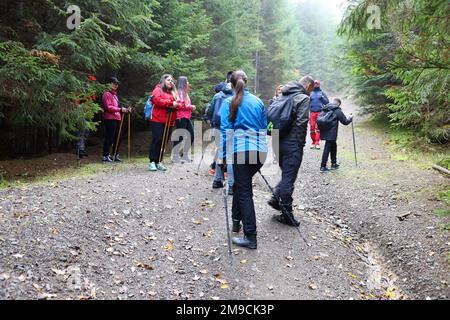 KARPATEN, UKRAINE - 8. OKTOBER 2022 Mount Hoverla. Karpaten in der Ukraine im Herbst. Touristen wandern durch Hügel und Wälder bis zum Gipfel des Hoverla Berges Stockfoto