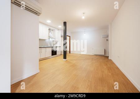 Leeres Studio-Apartment mit einer offenen Küche in Weiß mit Geräten an einer Wand, einer schwarzen Metallsäule und Holzfußboden Stockfoto