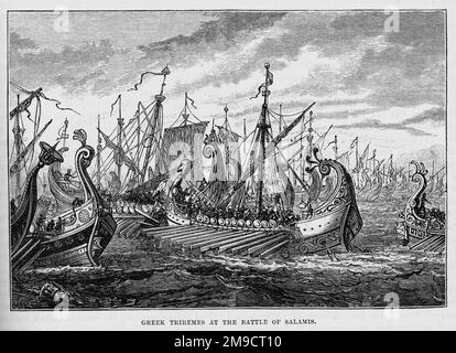 Griechische Triremes in der Schlacht von Salamis während der zweiten persischen Invasion Griechenlands Stockfoto