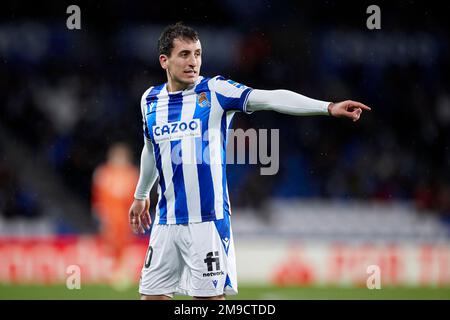 SAN SEBASTIAN, SPANIEN - JANUAR 17: Mikel Oyarzabal von Real Sociedad reagiert während des Spiels Copa del Rey von 16 zwischen Real Sociedad und RCD Mallorca in der reale Arena am 17. Januar 2023 in San Sebastian, Spanien. Kredit: Ricardo Larreina/AFLO/Alamy Live News Stockfoto