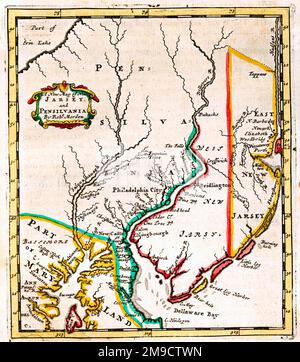 Karte des 17. Jahrhunderts von New Jersey und Pennsylvania, Jarsey und Pensilvania, Amerika Stockfoto