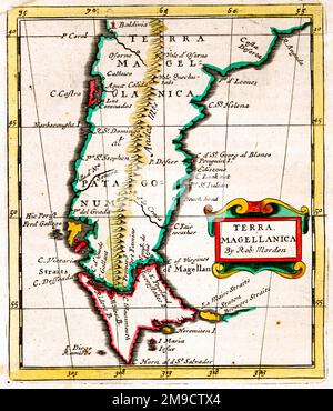 Karte des 17. Jahrhunderts von Terra Magellanica, Südamerika, mit der Straße von Magellan, Kap Horn und Patagonien Stockfoto