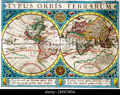 Typus Orbis Terrarum, Weltkarte der Doppelhalbkugel des 17. Jahrhunderts Stockfoto
