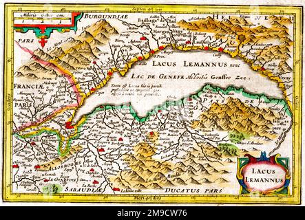 Karte des Genfer Sees aus dem 17. Jahrhundert (Leman oder Lemannus), Schweiz Stockfoto