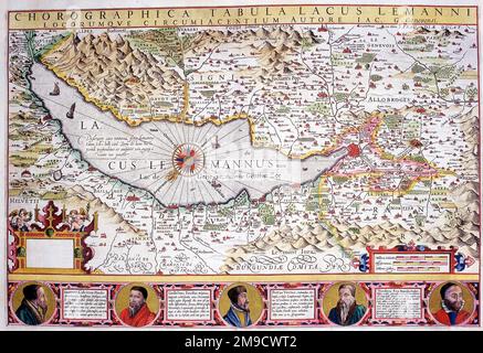 Karte des Genfer Sees aus dem 17. Jahrhundert, Schweiz - Chorographica Tabula Lacus Lemanni Stockfoto