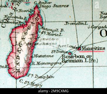 Karte des 19. Jahrhunderts Madagaskar, Inseln (Reunion - Mauritius) Stockfoto