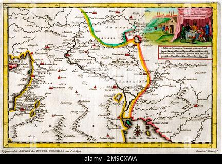 Karte aus dem 18. Jahrhundert von Babylon - Mesopotamien - Aleppo (Irak) und der Mittelmeerregion, die die Route von Leendert Rouwolf von Zypern nach Babylonia zeigt Stockfoto