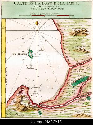 Karte aus dem 18. Jahrhundert mit Table Bay, Kapstadt, Südafrika einschließlich Robben Island Stockfoto
