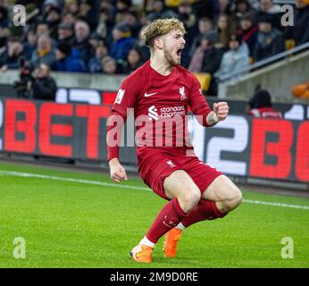 Wolverhampton. 17. Januar 2023. Harvey Elliott von Liverpool feiert nach einem Treffer beim FA Cup 3. Round Replay Match zwischen Wolverhampton Wanderers und Liverpool in Wolverhampton, Großbritannien, am 17. Januar 2023. Kredit: Xinhua/Alamy Live News Stockfoto