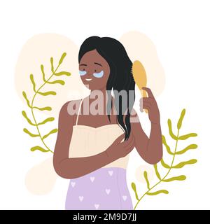 Schönheits-Hautpflege-Routine am Morgen. Haare kämmen, Pflege Kosmetik Vektordarstellung Stock Vektor