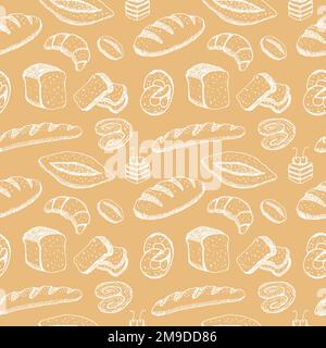 Handgezeichnetes nahtloses Muster von Brot und Backwaren. Backwaren-Hintergrund. Stock Vektor
