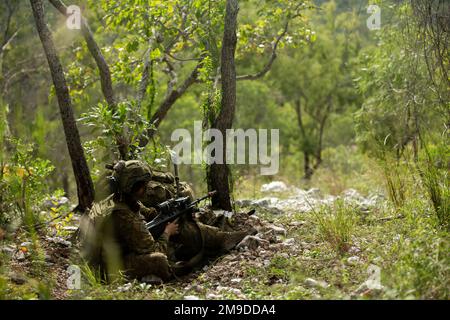 Ein Soldat der australischen Armee mit 6. Bataillon, Royal Australian Regiment, 7. Brigade, ist während der Übung Southern Jackaroo 22 im Shoalwater Bay Training Area, Queensland, Australien, am 18. Mai 2022 in Sicherheit. Southern Jackaroo ist eine multilaterale Übung, die von Marines mit Marine Rotational Force-Darwin 22, der australischen Armee und Japan Ground Self-Defense Force Soldaten durchgeführt wird und sich auf die Ausbildung von Feuerwaffen und kombinierten Waffen konzentriert. Stockfoto