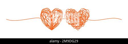 Gekoppelte Herzen verwickeltes Grungy-Scribble-Banner Hand gezeichnet mit dünner Linie, Trennlinie-Form. Isoliert auf weißem Hintergrund. Vektordarstellung Stock Vektor