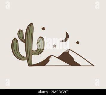Minimalistische Logo-Kakteen, Berge, Mond, Himmel Stock Vektor