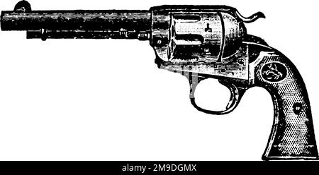 38-Kaliber, Single Action Colt Bisley Modell Revolver, Vintage-Gravur. Alte, eingravierte Darstellung eines Colt Bisley Modell Revolvers, isoliert auf einer weißen Seite Stock Vektor