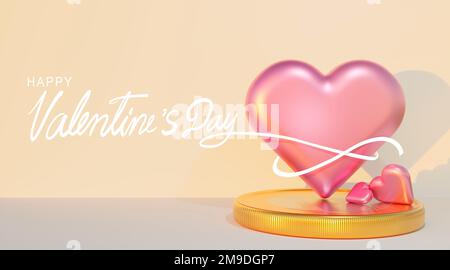 Alles gute zum valentinstag, handgeschrieben und rosa Herzen Formen sich auf goldenen Euro-Münzen. Hintergrund zum Valentinstag Stockfoto