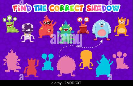 Finde den richtigen Schatten der Zeichentrickfiguren. Kinder, die das Spielearbeitsblatt mit niedlichen Aliens oder Mutanten-Figuren kombinieren. Pädagogisches Rätsel für die logische Verstand- und Hirnentwicklung bei Kindern Stock Vektor