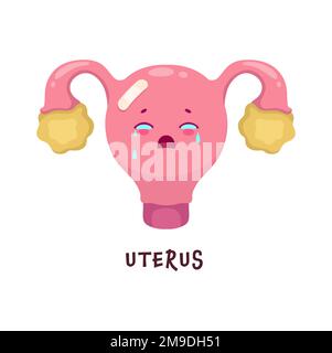 Uteruskranker Organcharakter. Verletzter und ungesunder Organkarikaturenvektor-weinende Person. Krankheit oder Schädigung des menschlichen Körpers, Frau Fortpflanzungssystem innere Organgesundheit Problem, medizinische Diagnose Stock Vektor