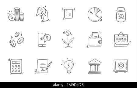 Symbol für Business Doodle. Finanzen, Geld, Investitionen handgezeichnete Skizzensymbole. Geld, Münzen, Finanzsymbol Comic-Sammlung. Vektordarstellung Stock Vektor