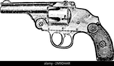 Harrington und Richardson Revolver, 38-Kaliber-Hammerlose, Vintage-Gravur. Alte gravierte Darstellung eines Harrington und Richardson Revolver Isolats Stock Vektor