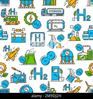 Wasserstoffindustrie, nahtloses Muster, H2-Technologie für grüne Energie und umweltfreundliche Energie, Vektorhintergrund. Wasserstoff in der Brennstoffindustrie, in Kraftwerken oder in H2-Produktionsstätten und aus erneuerbaren Energiequellen Stock Vektor