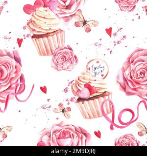 Nahtloses Muster mit Rosen, Cupcakes und Herzen auf weißem Hintergrund. Aquarelldarstellung. Stockfoto
