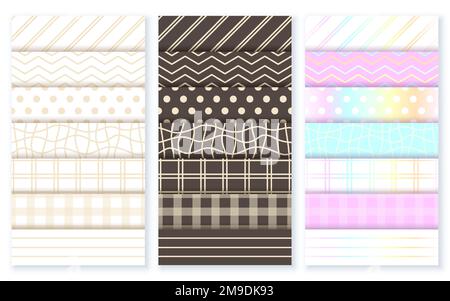 Rainbow weißer brauner Klebstoff Washi Bandmuster flach. Pastellfarben Luxus Clip Art festlich festlich Weihnachten nahtloses Design Dekor Sammelalbum Aufkleber Label Chevron Band Papier Rahmen Rahmen Streifen Scotch Stock Vektor