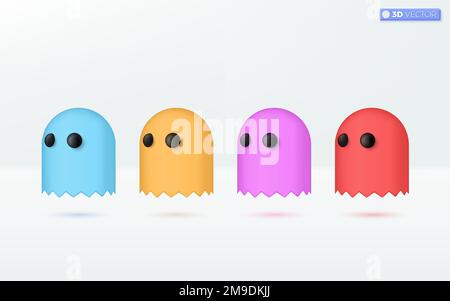 Bunte Symbole für niedliche Geistersymbole. Fliegende Kawaii-Geisterfigur, Spielsymbol, Halloween-Konzept. Isoliertes 3D-Vektor-Darstellungsdesign. Cartoon Vergangenheit Stock Vektor