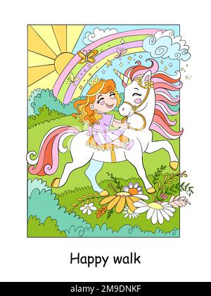 Die süße kleine Prinzessin reitet ein Einhorn auf einer Blumenwiese. Vektorfarben-Cartoon-Darstellung im Kinderstil isoliert auf weißem Hintergrund. Für Design, Stock Vektor