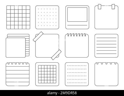 Papieraufkleber quadratischer Notizblock Schwarze Linie Satz. Unterschiedlich liniert quadratisch gepunktetes Papier Hinweis minimaler leerer weißer Aufkleber Planer Notizbuch Design Seite Aufgabe Aufgabenliste Rahmen Erinnerung Notizbuch Umriss isoliert Stock Vektor