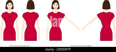 Fledermausärmel kurze Länge Kleidung Figur wunderschöne Dame in burgunderfarbenem Oberteil, Hemd, Kleid technische Modezeichnung, angepasst. Flache Bekleidungsvorlage vorne, hinten. Frauen, Männer, Unisex-CAD-Modell Stock Vektor