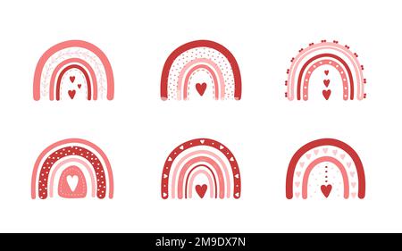 Ein Set Valentinsregenbogen mit Herzen. Romantische Clipart-Elemente im Bo-Stil. Kindliche Vektordarstellung für Poster, Aufkleber, Textil, Logo Stock Vektor