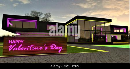 Words Happy Valentine's Day steht auf dem niedrigen Holzstand auf dem Gras im Garten des zeitgenössischen Hauses in der Nacht. 3D-Rendering. Stockfoto